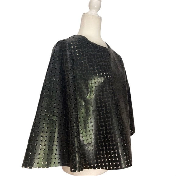 Faux Leather Basketweave Perforated Bell Sleeve Top Edgy Sculptural Minimalist - Picture 4 of 8